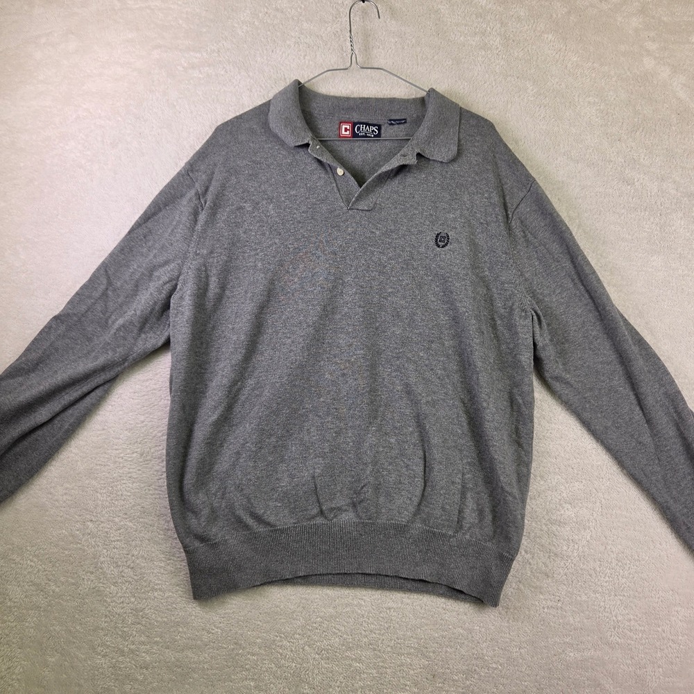 Chaps Mens Heather Grey Long Sleeve Polo Sweater Crest Logo Size XL